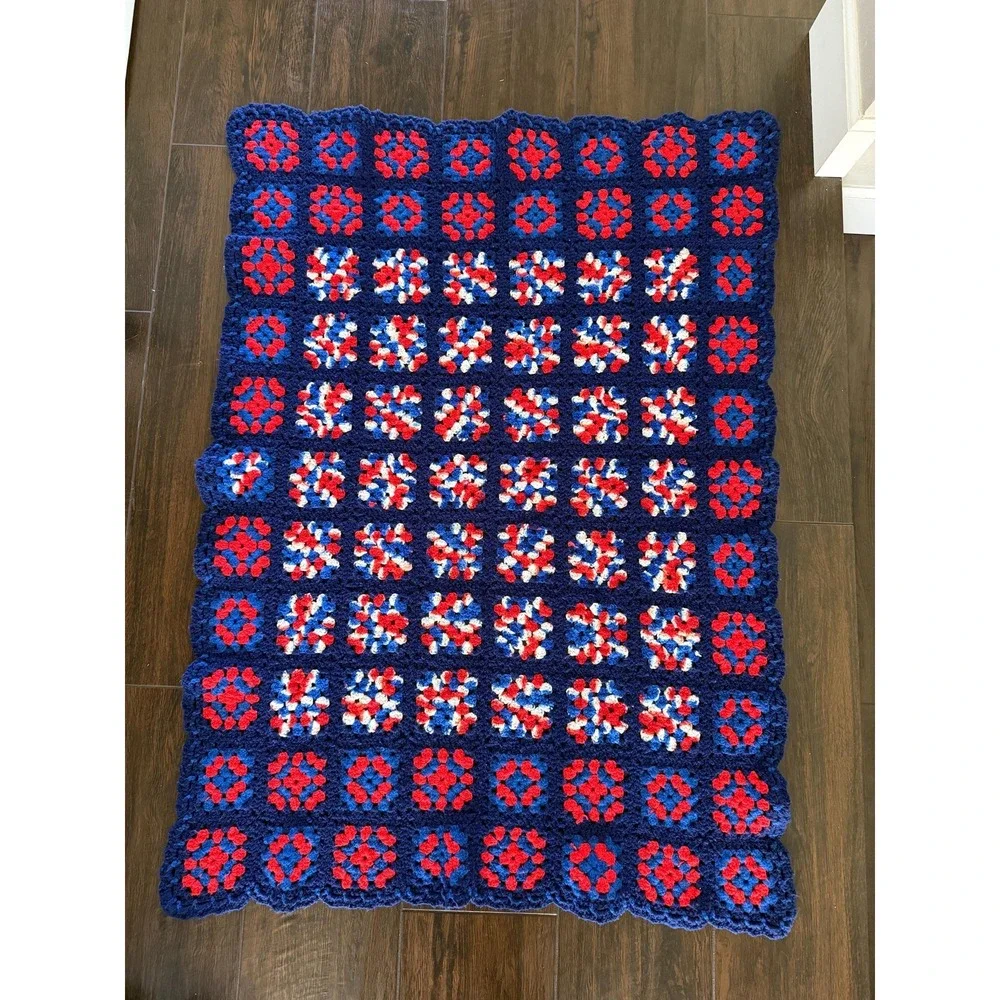 VTG Handmade Patriotic Granny Square Blanket Red White Blue Crochet Afghan 35x50